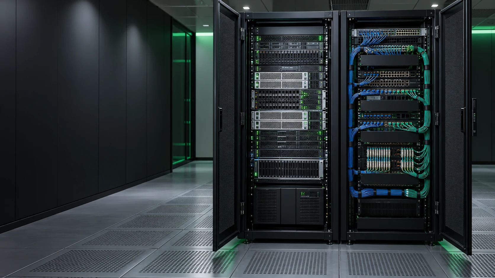 Two racks, one with servers and the other with switches and organized cabling