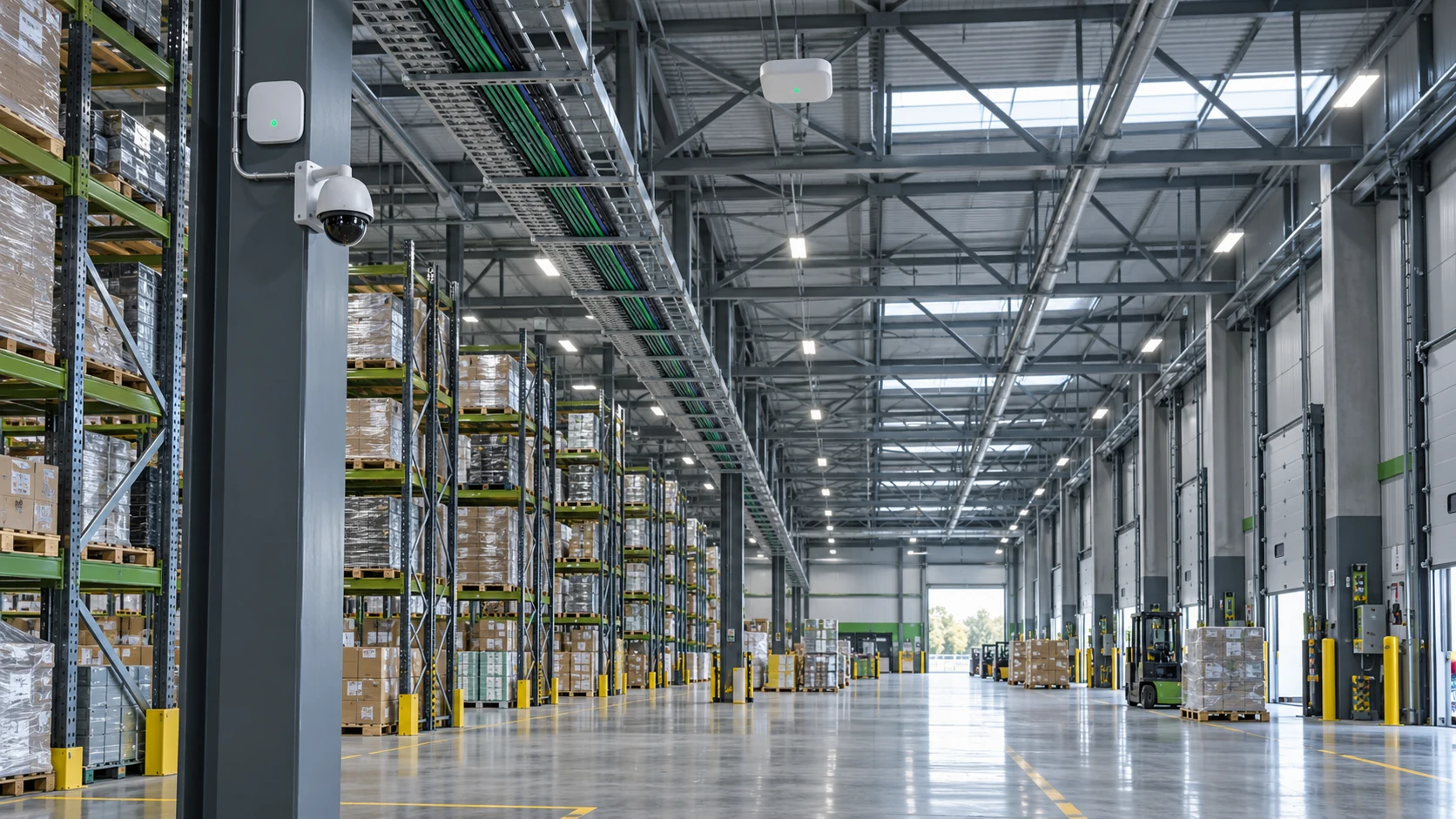 Logistics warehouse with structured networking and Wi-Fi access points